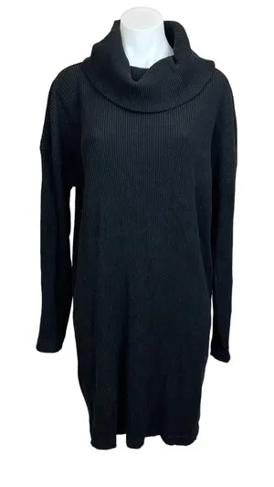 Gap Black Ribbed Knit Cowl Neck Mini Pull On Long Sleeve Sweater Dress Sz S Tall thumbnail 1