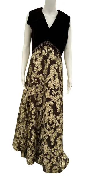 Brown and Gold Velvet and Lace Vintage Maxi Dress Med/Large thumbnail 1