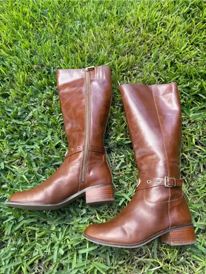 Michael Kors Heather Boots Women’s Brown Leather Knee High Riding Logo Strap thumbnail 2