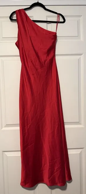 Zara Red Asymmetrical One Shoulder Satin Gown Maxi Dress Formal Grecian Holiday thumbnail 1