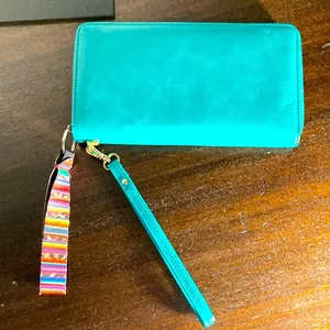 Chelmon Teal Leather Wristlet wallet with guitar wide strap zipper pull thumbnail 1