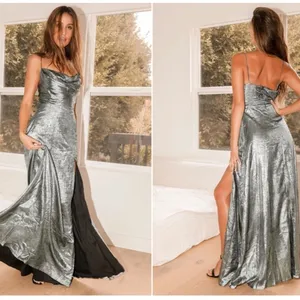 LULU's Bridesmaid Prom Wedding Flowy Cowl Neck Metallic Silver Maxi • X-Small thumbnail 3