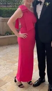 Bright Pink one shoulder formal dress with bow thumbnail 1