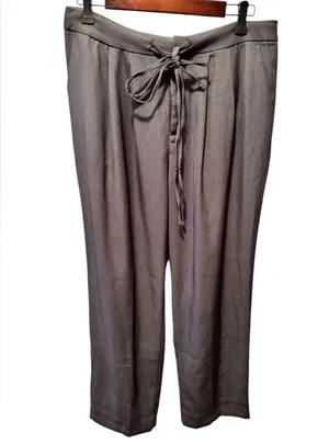 High Waisted Drawstring Zipper Side Pocket Plain Wide Leg Pants Sz L Gray thumbnail 2
