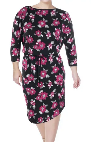 NWT Ralph Lauren Purple Black‎ Floral Tie Waist 3/4 Sleeve Stretch Dress Size 1X thumbnail 1