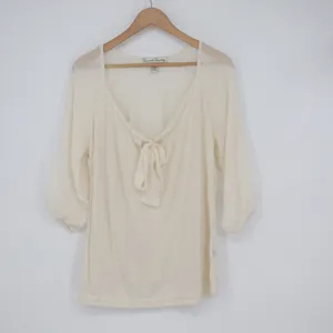 French Laundry Cream Sheer Raglan 3/4 Sleeve Tie Front Blouse Large thumbnail 2