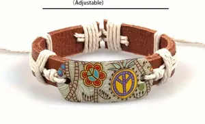 Vibrant Chic Peace Symbol Bohemian Leather Cuff Bracelet - Print thumbnail 3