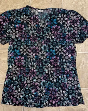 Willow Brook Scrub Top in Black/Pink/Blue/White Snowflake Pattern thumbnail 1