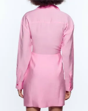 Zara Barbie Pink Draped Long Sleeve Dress Deep Vneck Collared M thumbnail 3