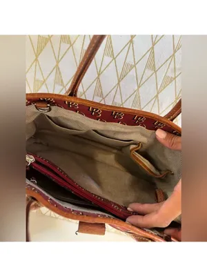 Dooney & Bourke Red Burgundy Logo Tote with Brown Leather Trim thumbnail 8