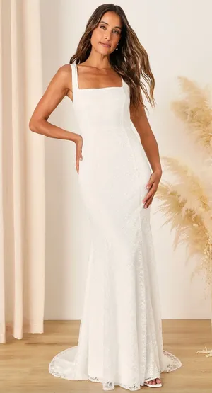 Lulus Eternal Happiness White Lace Square Neck Mermaid Maxi Dress Wedding L NWT thumbnail 1