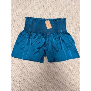 Natural Life NWT Boho Teal Smocked Satin Flowy Shorts M Cottagecore thumbnail 3