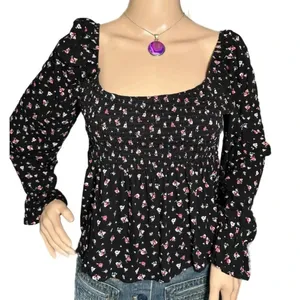 Daisy & Delilah Boho Black Floral Top Smocked Bodice Long Bell Sleeve Women’s M thumbnail 2
