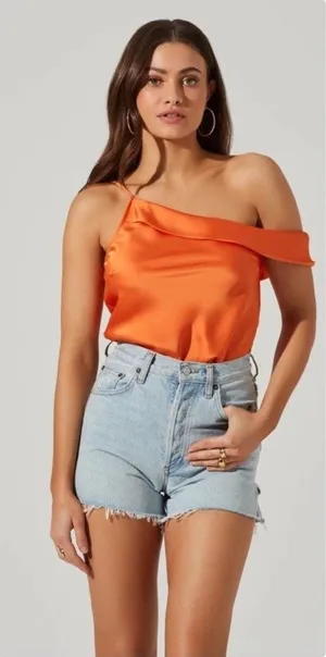 ASTR The Label Orange One Shoulder Top M Satin thumbnail 1