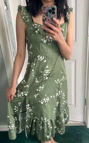 SheIn Ruffled Spring Flower Olive Green Dress thumbnail 1