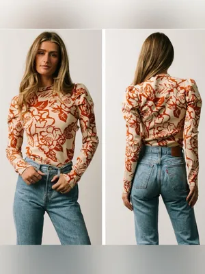 Baltic Born Sebastian‎ Puff Sleeve Shoulder Floral Knit Sweater XL Cream Orange thumbnail 2