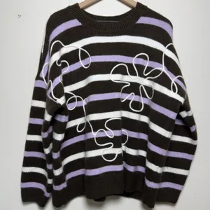 Parker Women Sweater Large Brown Striped Flora Embroidered Cozy Oversize thumbnail 2