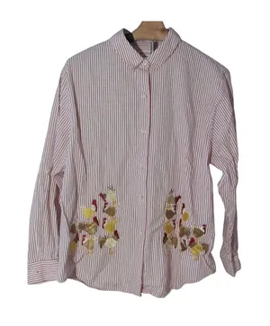 Vintage Bechamel Petites Shirt PL Red‎ White Pinstripe Rooster Embroidered thumbnail 1