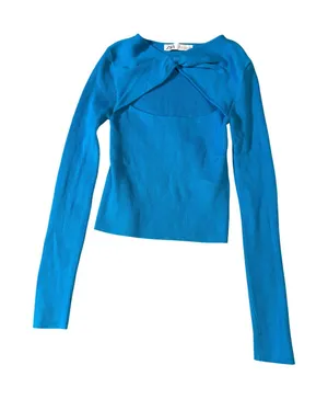 NWOT Zara Size Medium Long Sleeve Blue‎ Ribbed Cross Knot Cropped Top Y2K thumbnail 1