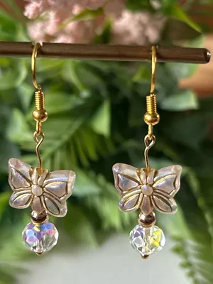 Gold Butterfly Drop Earrings with Iridescent Crystal Dangles thumbnail 4