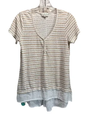 Studio B Beige/White Striped Short Sleeve Buttons V‎ Neck Size Small High/Low thumbnail 1