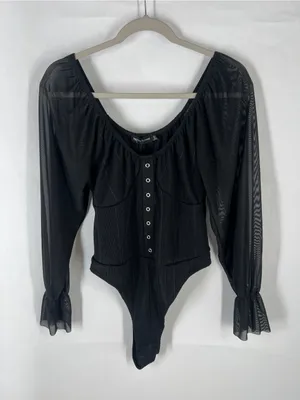 PrettyLittleThing Black Ribbed Mesh Sleeve‎ Bodysuit US 12 NWT thumbnail 1