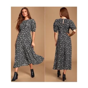 Free People Jessie Black Cream Ditzy Floral Smock Puff Sleeve Dress 90’s SZ 12 thumbnail 2