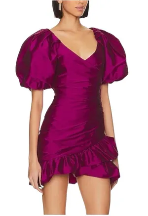 MISA Los Angeles - NWT Magenta Taffeta Puff Sleeve Ruffle Mini Dress Sz M thumbnail 1