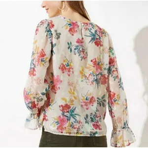 LOFT Floral Blouse Women XS Cream Gold Metallic Shimmer Puff Sleeve Cottagecore thumbnail 2