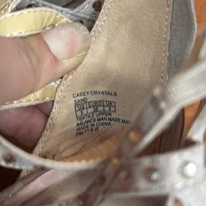 Badgley Mischka Wedge Sandals Womens Tan‎ Suede Rhinestone Strappy Cage 5M thumbnail 10