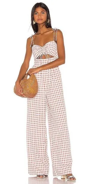 Song of Style Senna Jumpsuit Gingham Checkered Wide Leg‎ Taupe White XL thumbnail 1