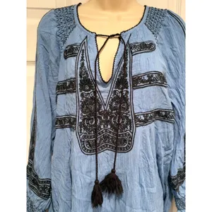 Free People Blue Embroidered Tunic Top‎ S Boho Peasant Tassel Mini Dress Blouse thumbnail 3