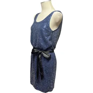 Express Sleeveless Sequin Mini Dress with Satin Sash Blue Black XS thumbnail 3