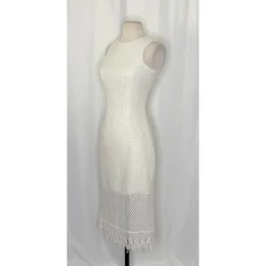 DRESS THE POPULATION Alina Sequin Crochet Lace Midi Dress Bridal‎ White Small thumbnail 4