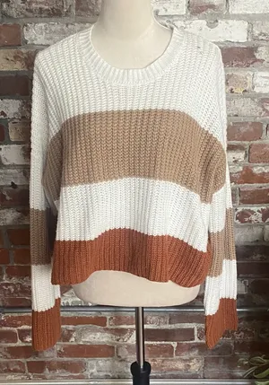 Moon & Madison Striped Knit Sweater - White, Tan, and Brown Size L thumbnail 1