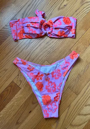Floral Pink & Orange Bandeau Bikini Set thumbnail 1