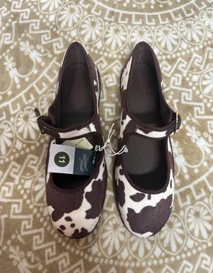 Universal Threads Brown and White Cowprint Mary Jane Flats thumbnail 1