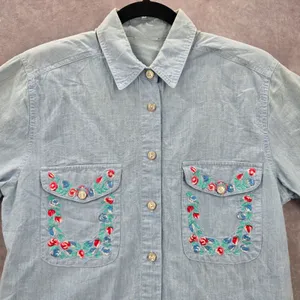 Blue Button Up Floral Embroidered Short Sleeve Vintage Y2K Short Top M Medium‎ thumbnail 3
