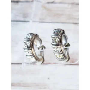 Vintage Clip On Earrings - Elongated Thick Hoops with Gems - Tarnished thumbnail 3
