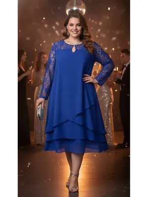 Royal Blue Sheer Chiffon Tunic Dress Size 5XL – Lace Sleeve Layered Hem thumbnail 8