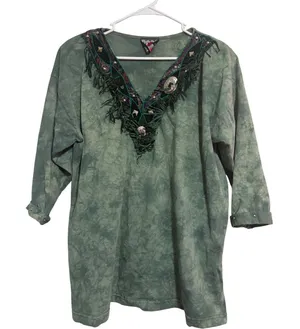 B.U.S.‎ Top Western Boho Green Tie Dye Fringe Studded Concho OS thumbnail 1