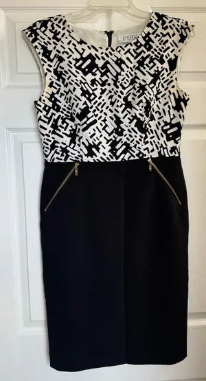 Kasper Sheath Dress Abstract Print Gold Zipper Accent Black White Women's 4 thumbnail 1
