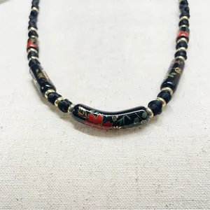 Vintage Black Floral‎ Ceramic Bead Cord Necklace Witchy Goth Romantic thumbnail 3