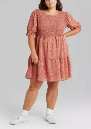 NEW‎ Wild Fable Pink Floral Smocked Dress Plus Size 1X Short Sleeve NWT thumbnail 1