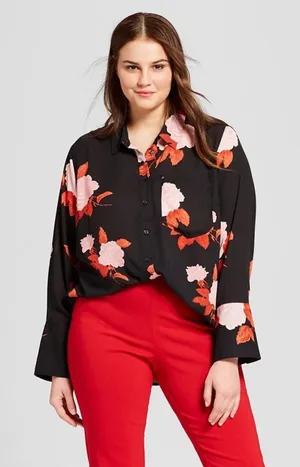Who What Wear Black‎ Floral Rose Print Button Down Blouse Long Sleeve Womens L thumbnail 1