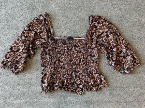 American Eagle Outfitters Brown Floral Smocked Festival‎ Peasant Crop Top Size M thumbnail 1