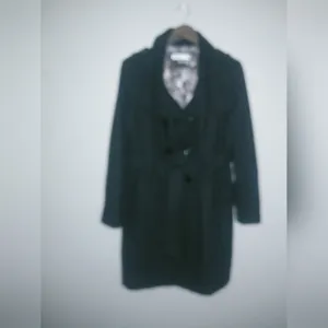 Guess L Full Length Logo Lined Pea Coat Double Breasted Belted Wool in Black thumbnail 2