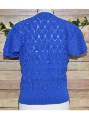 ANOTHER LOVE Size L Pointelle MIRA Flutter Sleeve Cardigan Sweater Cobalt Blue thumbnail 9