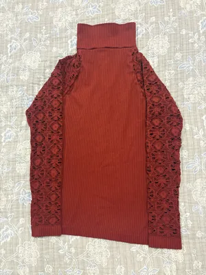 Free People Women’s Long Sleeve Ribbed Turtleneck with Lace Sleeves - Rust thumbnail 2