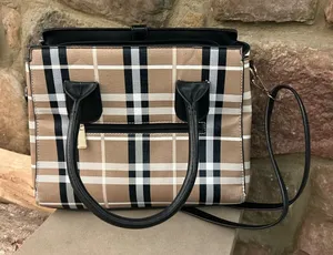 Purse Plaid Satchel Handbag with Black Trim - Taupe Plaid Satchel thumbnail 1